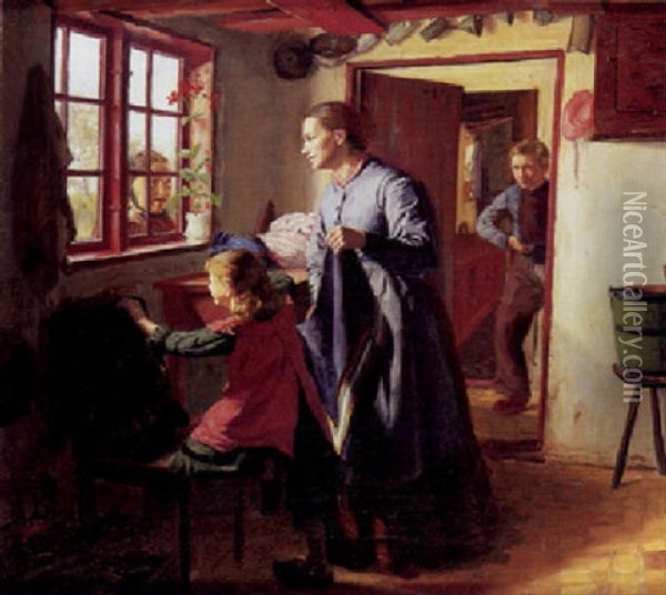 Bondestrueinterior Med Kone Og To Born Ved Et Vindue Oil Painting - Hans Andersen Brendekilde