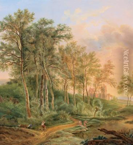 Romantico Paesaggio Boschivo Con Una Fortezza In Rovina Oil Painting - Balthasar Paul Ommeganck