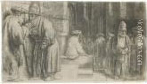 Jews In The Synagogue (b., Holl.126; H.234; Bb.48-d) Oil Painting - Rembrandt Van Rijn