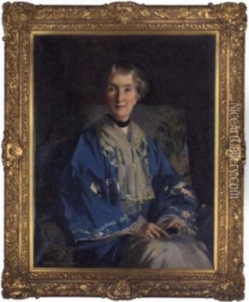 Portrait Of Mrs. Agnes Innes, Nee Barlow, In A Blue Embroidered Kimono, Holding A Fan Oil Painting - George Henry