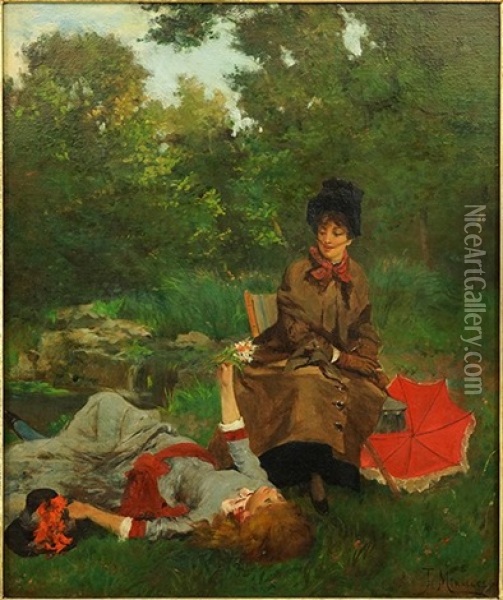Two Ladies In The Afternoon Oil Painting - Francisco Miralles y Galup