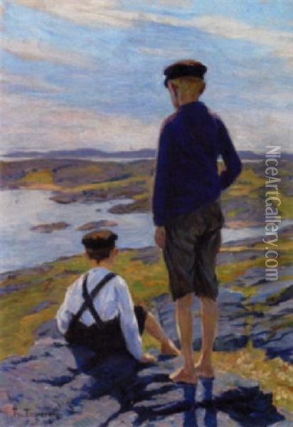 Born Ved Fjorden, Sommer Oil Painting - Thorvald Torgersen