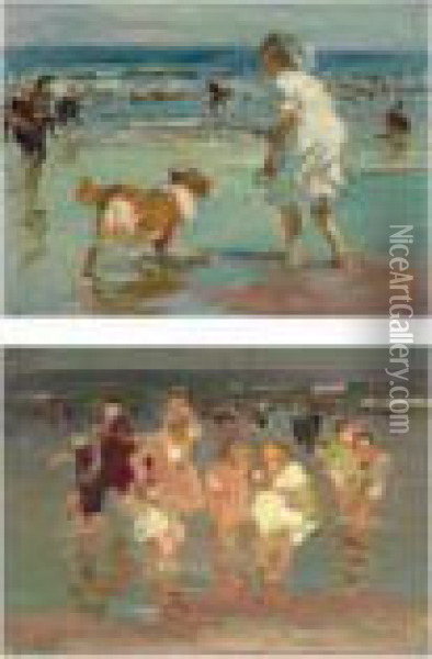 Girl Playing With Dog And Playtime: A Double-sided Painting Oil Painting - Edward Henry Potthast