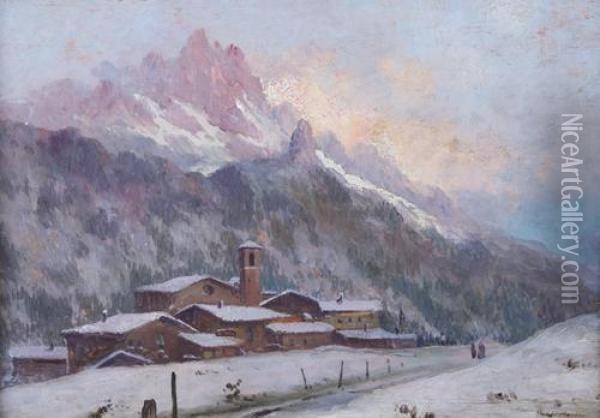 Borgo Montano Innevato Oil Painting - Ugo Gheduzzi