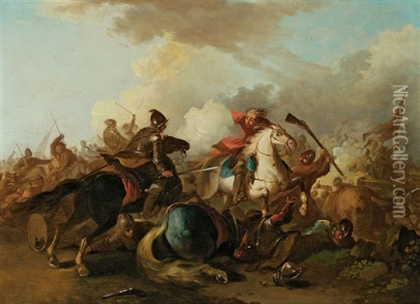 Cavalry Battle Oil Painting - August Querfurt