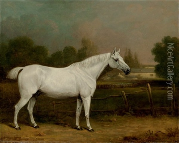 A Grey Hunter In A Landscape And A Farmhouse Beyond Oil Painting - Henry Bernard Chalon