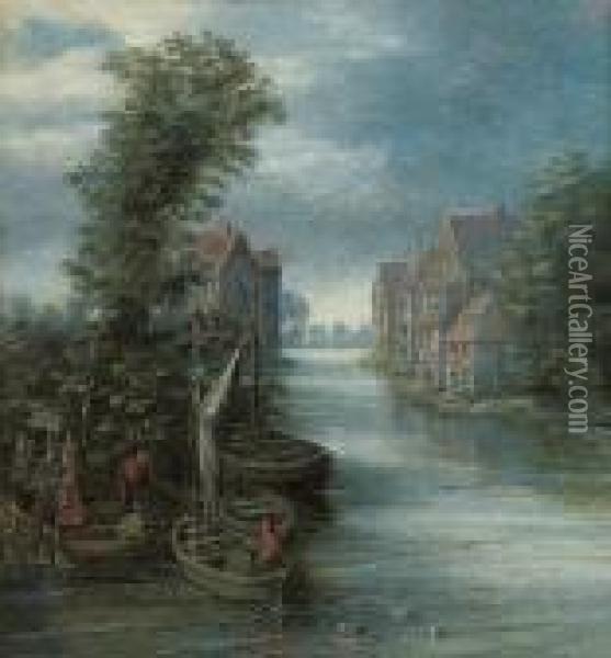 A River Landscape With Figures Boarding A Row Boat Oil Painting - Pieter Gysels