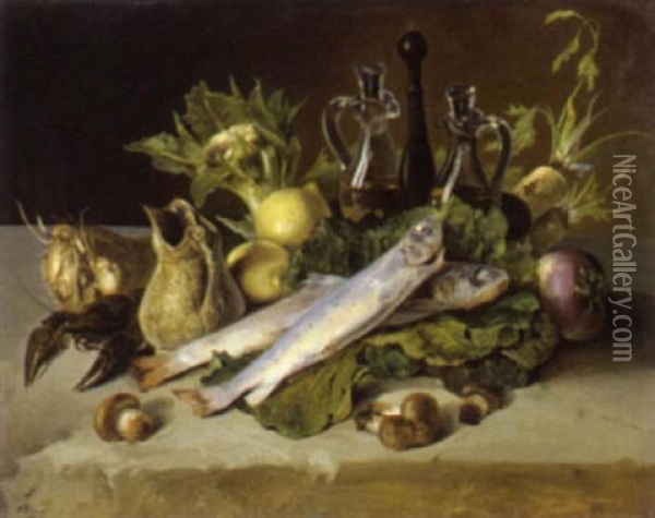 Stilleben Mit Zitronen, Pilzen, Ruben, Fischen Oil Painting - Carl August Richter