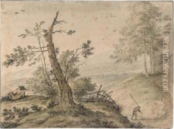 Hilly Landscape With A Figure Resting Oil Painting - Hendrick Van Der Straaten