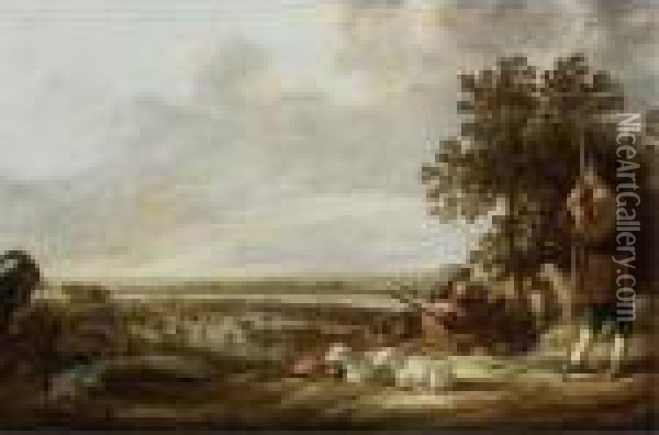 Flooded River Landscape With Two Shepherds And Their Flock Of Sheep And Goats Oil Painting - Aelbert Cuyp