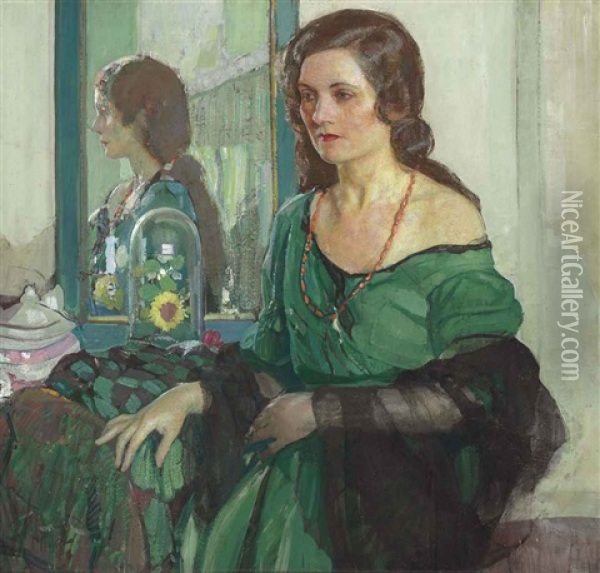 Lady In Green Oil Painting - Richard Edward Miller