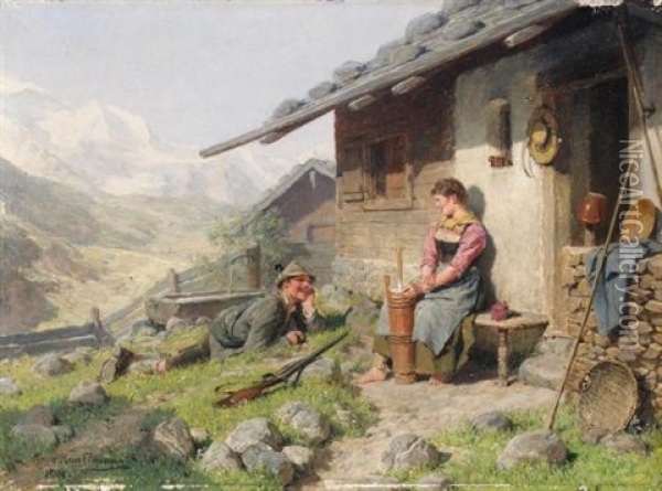 Vor Der Almhutte Oil Painting - Hugo Wilhelm Kauffmann