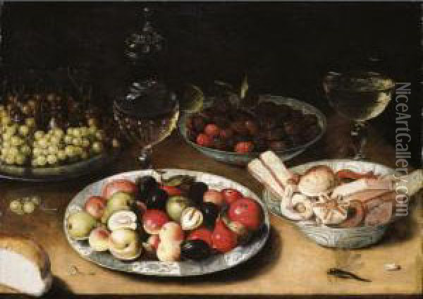 Still Life Of Plums, Nuts And 
Apples, Raspberries And Sweetmeats In Three Blue-and-white Porcelain 
Bowls, Together With Grapes On A Pewter Dish, A Facon-de-venise Oil Painting - Osias, the Elder Beert