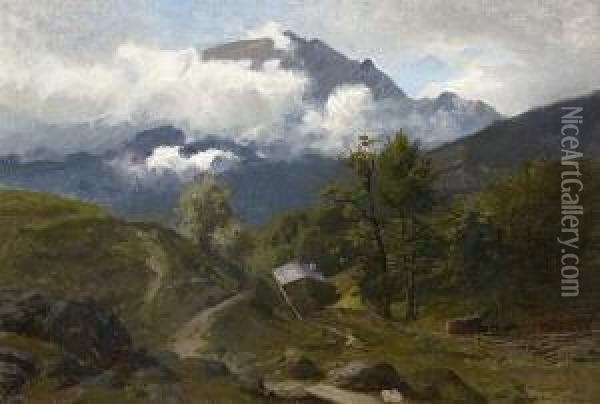 Blick Uber Die Alm Auf Das
 Wettersteingebirge. Oil Painting - Joseph Wenglein