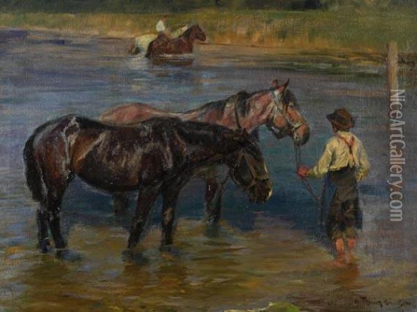 Pferde Am Fluss Oil Painting - Max Joseph Pitzner