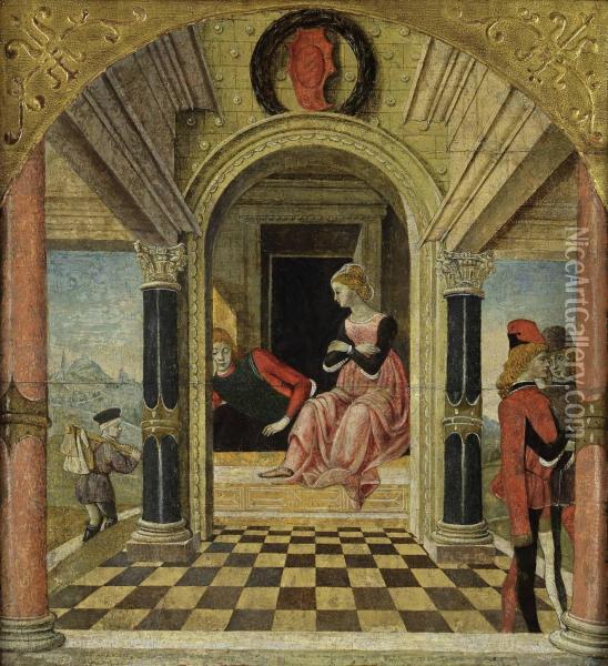 Florio In The Bedchamber Of Biancifiore Oil Painting - Master Of Bentivoglio Manfredi