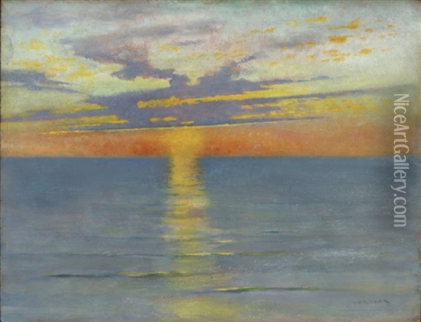 Solnedgang Over Havet Oil Painting - August Vilhelm Nikolaus Hagborg