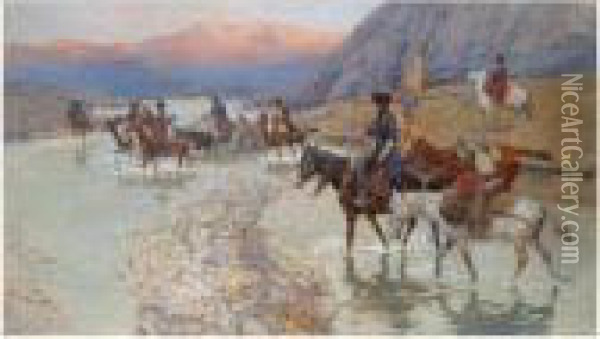 Cossacks Crossing The River Oil Painting - Franz Roubaud