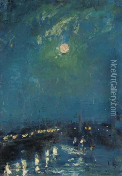 The River Thames, London, Moonlight Oil Painting - Lesser Ury