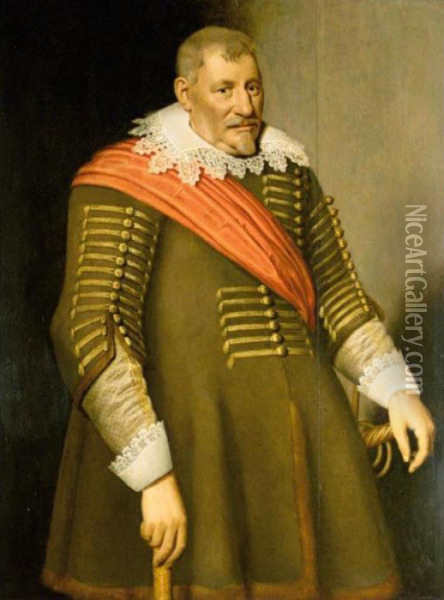 Portrait Of A Gentleman, Three-quarter Length, Wearing A Red Sash Oil Painting - Jan Anthonisz Van Ravesteyn