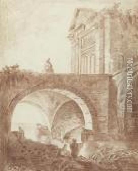 Antique Monumental Bridge Oil Painting - Hubert Robert
