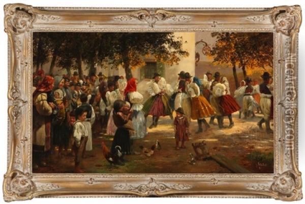 Figures Dancing At A Festival Oil Painting - Georg Schoebel