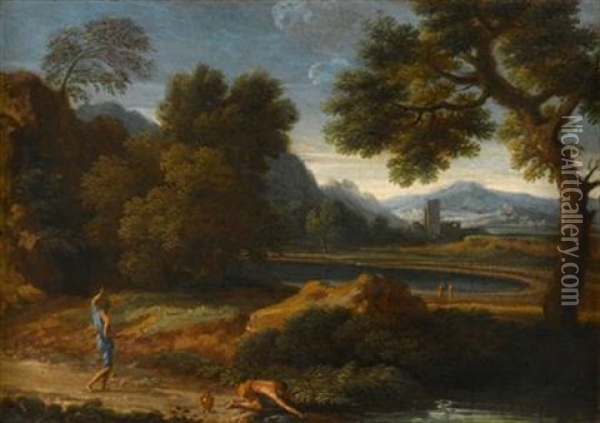 Figures In An Extensive Classical Landscape Oil Painting - Gaspard Dughet