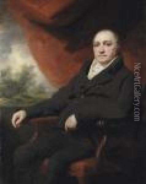 Portrait Of A Gentleman, 
Traditionally Identified As Dr. Black, Ordr. Blake, 
Three-quarter-length, In A Black Coat, A Draped Redcurtain And Landscape
 Beyond Oil Painting - Sir Henry Raeburn