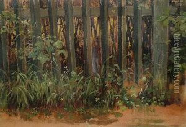 Study Of Foliage By A Wooden Garden Fence Oil Painting - George Adolphus Storey