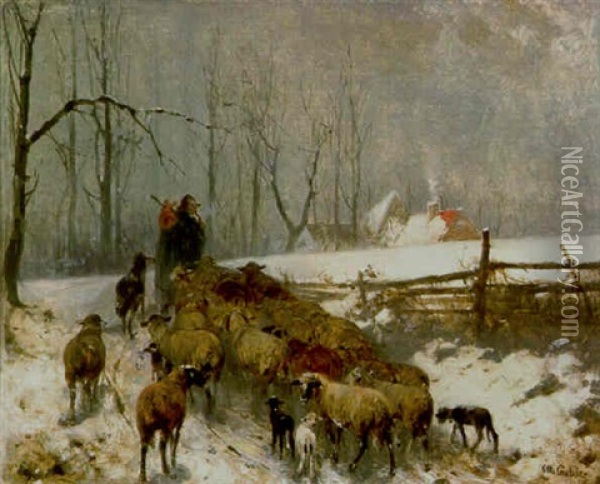 Schafer Mit Seiner Herde In Winterlandschaft Oil Painting - Otto Friedrich Gebler