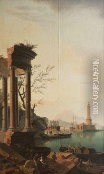 Ruines Antiques A L'entree D'un Port Mediterraneen. Oil Painting - Jean Henry D'Arles