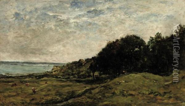 Grazing Cows In A Meadownear Villerville Oil Painting - Charles-Francois Daubigny