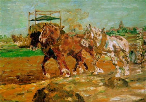Plugender Bauer Mit Drei Pferden Oil Painting - August Deusser