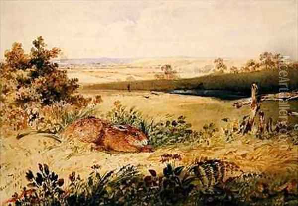 Hare in a Landscape Oil Painting - Newton Fielding