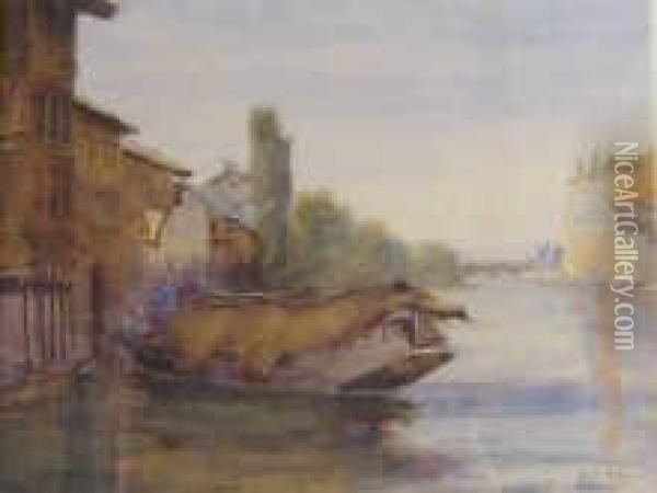 River Scene With Thatched Houseboat Oil Painting - Alexandre Nicolaievitch Roussoff