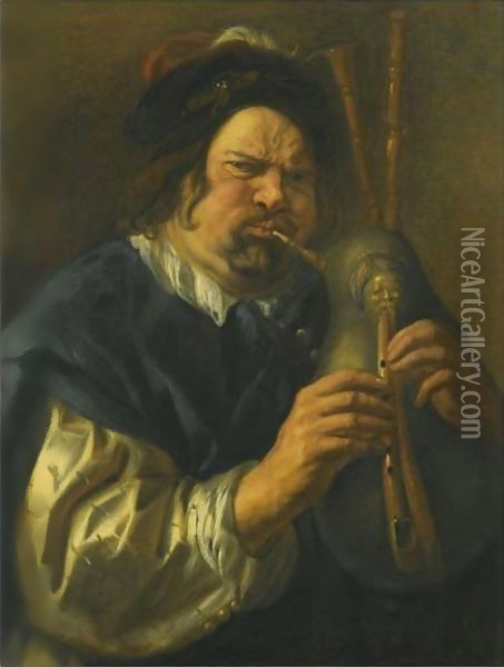 Self-Portrait As A Bagpipe Player Oil Painting - Jacob Jordaens