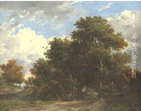Wooded landscape with a figure on a track, a cottage beyond Oil Painting - Patrick Nasmyth