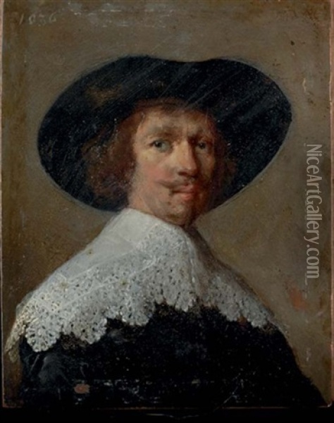 Portrait Of A Gentleman In A Black Coat With Lace Collar And Black Hat Oil Painting -  Rembrandt van Rijn