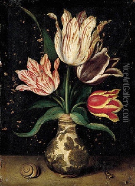 A Still Life Of Tulips In A Wan-li Porcelain Vase Oil Painting - Ambrosius Bosschaert the Elder