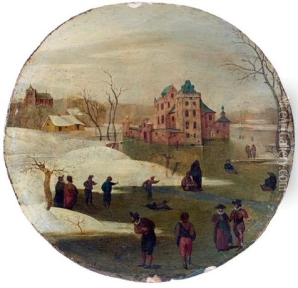 Patineurs Sur Un Lac Gele Pres D'un Chateau, L'hiver, Fevrier Oil Painting - Abel Grimmer