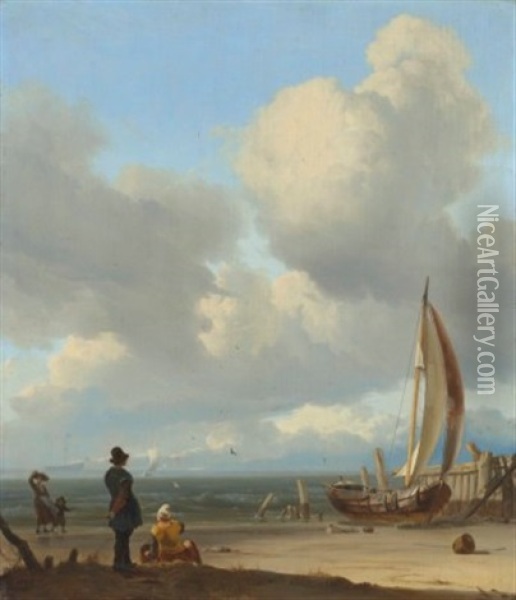 An Extensive Seascape With Figures By A Boat On A Shore Oil Painting - Ludolf Bakhuyzen the Elder