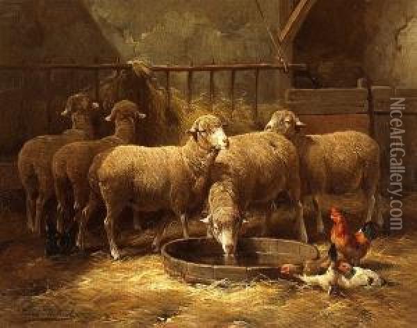 Sheep And Chickens In A Barn Oil Painting - Franz De Beul