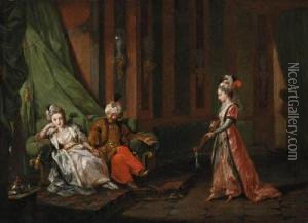 Harem Court Scenes: A Woman 
Playing A Citar; A Woman Dancing; Andtwo Women Acting Before The Sultan 
And His Wife Oil Painting - Hugues Taraval