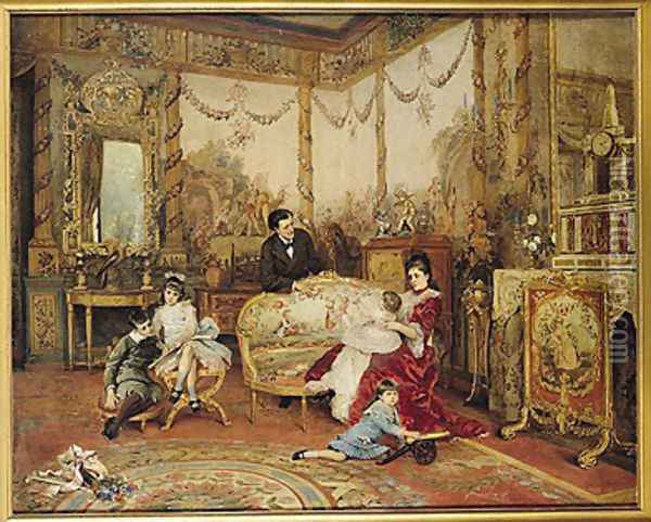 Victorien Sardou and his Family in their Drawing Room at Marly-le-Roi, c.1875 Oil Painting - Auguste de la Brely