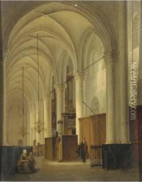 Figures In A Exalted Church Interior Oil Painting - Bernardus Van De Laar