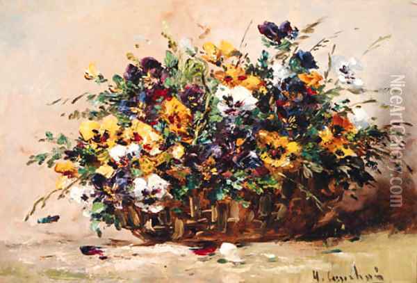 A Basket of Pansies Oil Painting - Eugene Henri Cauchois