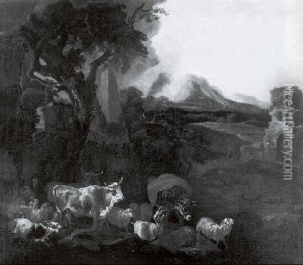 Herd Animals By Classical Ruins In A Mountainous Landscape Oil Painting - Michiel (Carree) Carre