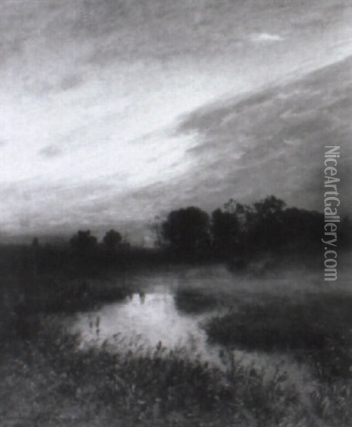 Sonnenuntergang In Moorlandschaft Mit Aufsteigendem Nebel Oil Painting - Heinrich Ludwig Freiherr von Gleichen-Russwurm