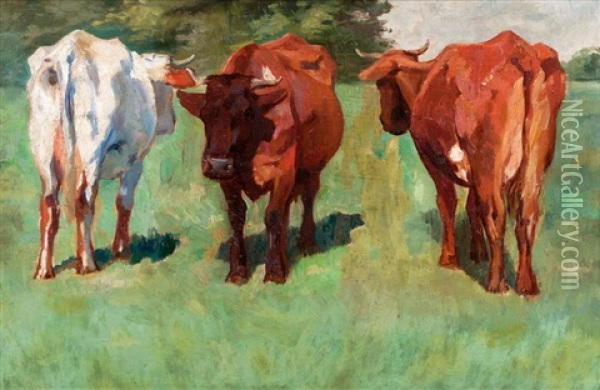 Drei Stehende Kuhe Oil Painting - Thomas Herbst