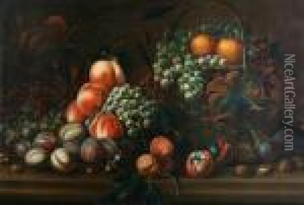 Still Life Of Grapes, Peaches, Plums Andwalnuts On A Ledge Oil Painting - Tobias Stranover